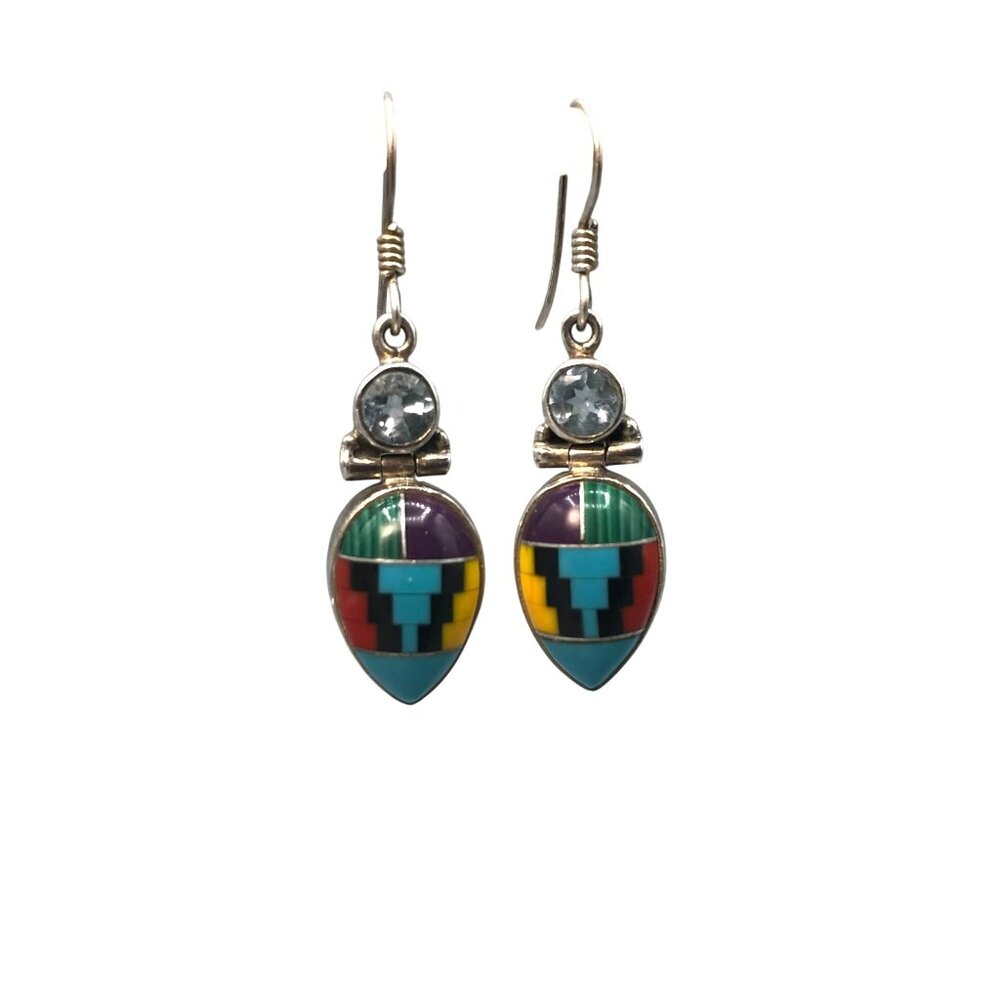 Vintage Native Stone Inlay and Sterling Silver Earrings with Hinged Drop